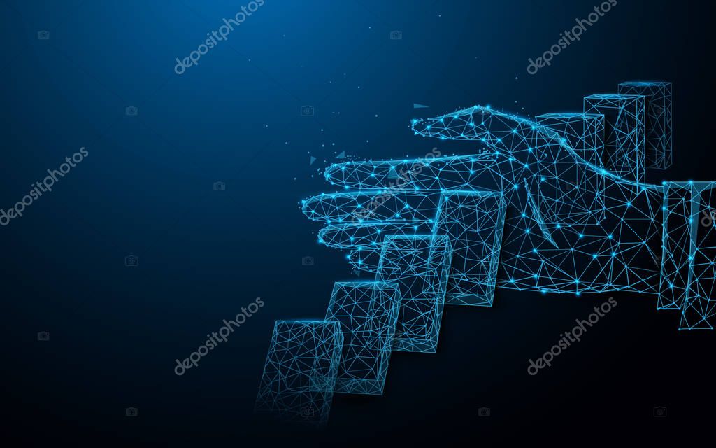 Close up of businessman hand Stopping Falling dominos effect. lines, triangles and particle style design. Illustration vector