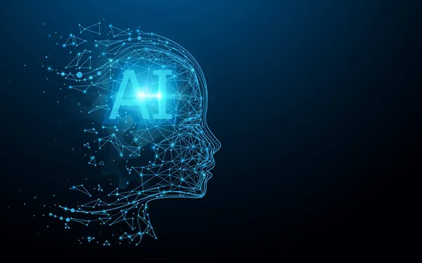 AI - Inteligencia artificial. Cerebro digital Ai. Concepto de robótica. Cara humana hecha de polígono. Vector de ilustración — Vector de stock