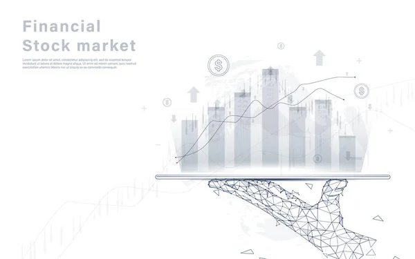 Stock Exchange Market diagram analys bakgrund. Hand hållande tablett på världskartan — Stock vektor