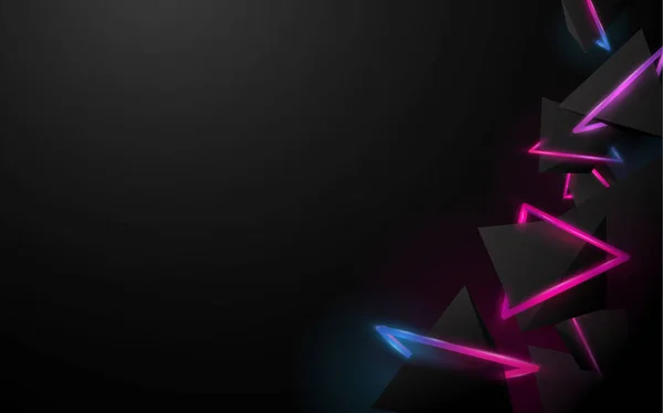 Pyramides 3D noires abstraites et rayures lumineuses dans un fond sombre. Illustration vectorielle — Image vectorielle