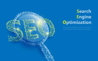 Seo işareti form çizgileri ve üçgenler ile büyüteç, koyu mavi arka plan üzerinde ağ bağlayan nokta. İllüstrasyon vektörü