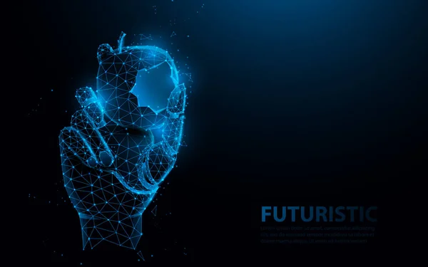 Bionik tangan medis prosthesis, memegang gigitan apel. Metallic robot lengan manusia internal. Konsep teknologi masa depan - Stok Vektor