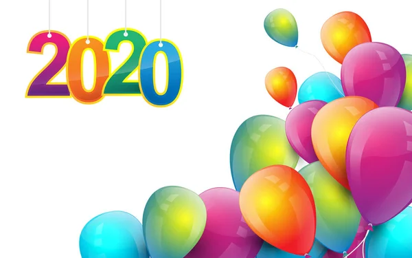 Feliz año nuevo 2020 banner. Volar globos de colores decoración de la fiesta — Vector de stock