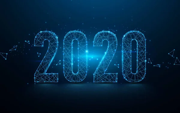 Feliz ano novo 2020 banner de linhas, triângulos e design de estilo de partículas. Vetor de ilustração —  Vetores de Stock