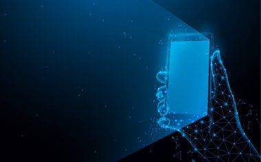 Çizgilerden, üçgenlerden ve parçacık stili tasarımından elde tutan akıllı telefon. İllüstrasyon vektörü