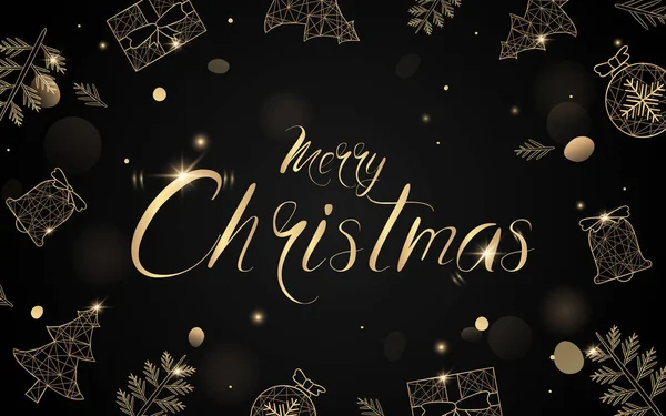 書道付きクリスマスポストカード。スパークリングライトを持つXmasオブジェクトが花輪を持ちます。豪華な金と黒の背景 — ストックベクタ