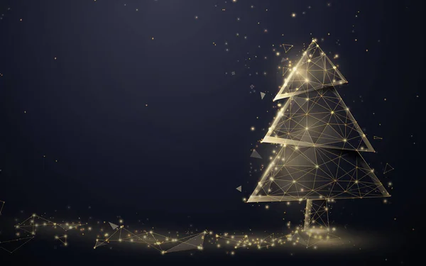 Arbre de Noël en or et guirlande de lumières scintillantes de lignes, de triangles et de conception de style particule. Vecteur d'illustration — Image vectorielle