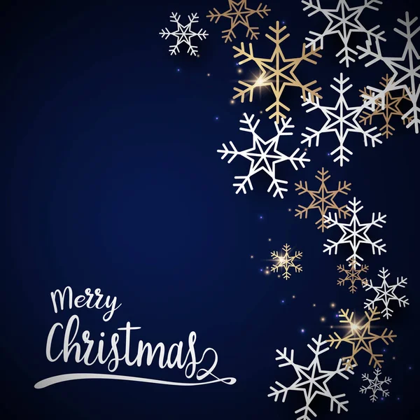 Frohe Weihnachten und ein gutes neues Jahr Postkarte. abstraktes funkelndes Gold und weiße Schneeflocke mit weihnachtlicher Kalligrafie auf dunkelblauem Hintergrund — Stockvektor