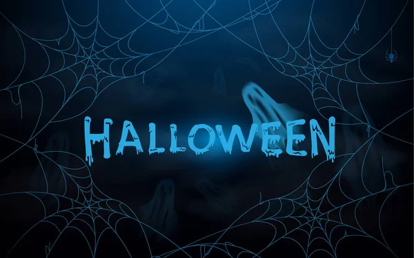 Halloween. Vektorová ilustrace s webem s modrou pavoukem a duchy. Strašidelné noční pozadí — Stockový vektor