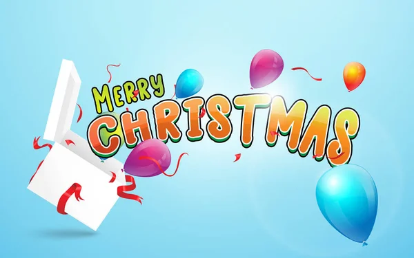 メリークリスマスとハッピーニューイヤーのバナー。カラフルな風船、紙吹雪とオープンホワイトギフトボックスとメリークリスマス書道 — ストックベクタ