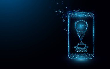 Uzay ve uydudan online mobil uygulama sipariş taksi hizmeti çizgiler, üçgenler ve parçacık tarzı tasarım. İllüstrasyon vektörü