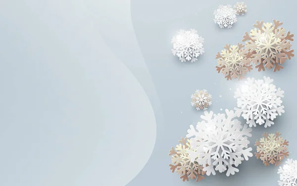 С Новым годом и Рождеством. Абстрактные белые и золотые снежинки на фоне. Бумажное искусство и дизайн ремесел. Пространство для вашего дизайна — стоковый вектор