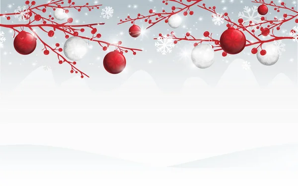 Joyeux Noël et bonne année bannière. branches de baies avec boules de Noël rouges et blanches sur fond de flocons de neige — Image vectorielle