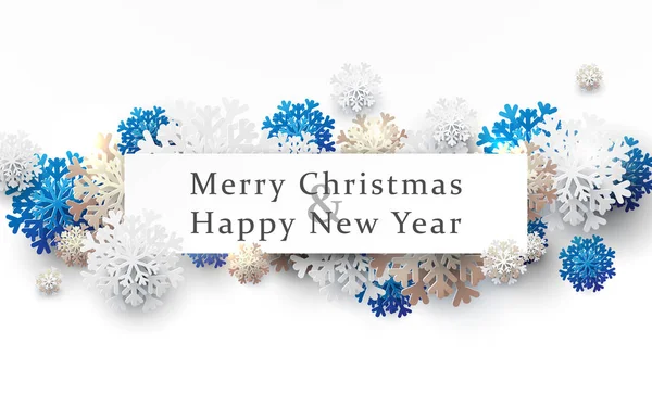 Frohe Weihnachten und ein gutes neues Jahr Banner. abstrakte weiße, goldene und blaue Schneeflocken mit Platz für Ihren Text. Papierkunst und Kunsthandwerk. Raum für Ihr Design — Stockvektor