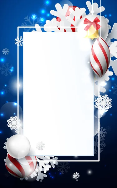 Κόκκινο και άσπρο μπάλες Χριστούγεννα με στολίδια νιφάδες χιονιού, χρυσό κουδούνι και γεωμετρικά σε σκούρο μπλε φόντο. Χριστουγεννιάτικο Banner, αφίσες, κεφαλίδες, κάρτες και ιστοσελίδα — Διανυσματικό Αρχείο