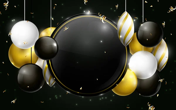 Preto, ouro e branco bolas de Natal com espaço círculo preto para o seu design. Banner de Natal, cartazes, cabeçalhos, cartões e site —  Vetores de Stock