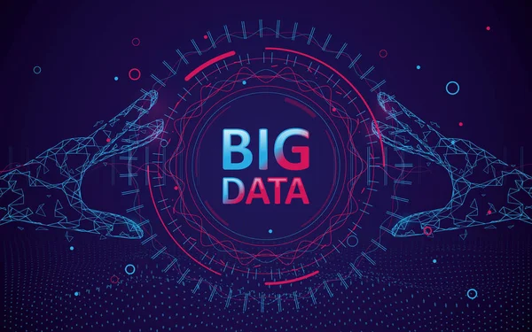 Absztrakt bigdata kódolás tudományos háttér. Kör geometrikus részecske. Kezek megható nagy adatfolyam futurisztikus infografika — Stock Vector