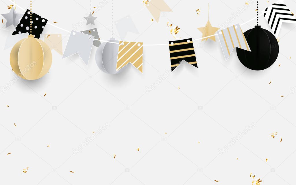 Gold, black and white christmas balls with golden garland, glitter confetti on white background. Christmas Banner, posters, headers, cards and website
