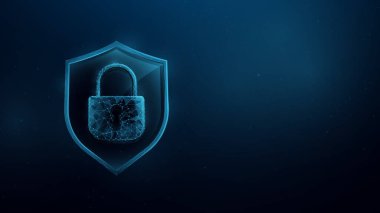 Asma kilit kalkanında. Kablo Ağı, Çizgiler, Üçgenler ve Düşük Polyester Biçim Tasarımı. Teknoloji Güvenlik Konsepti. Vektör İllüstrasyonu