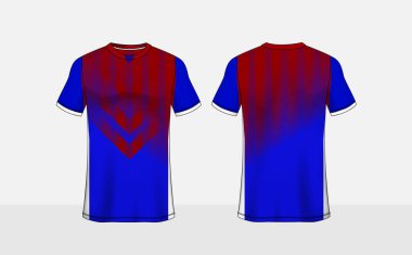 Mavi, kırmızı ve beyaz desenli e-spor tişört tasarımı şablonu