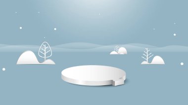Noel balosu podyumunda 3D mavi ve beyaz. Düz geometrik şekilli noel ağacı manzarası konsept dekorasyonu. Vektör İllüstrasyonu