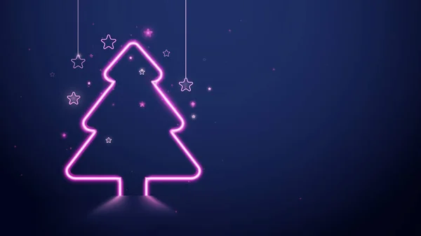 圣诞节和新年 圣诞树粉红的霓虹灯和深蓝色背景的星星 矢量说明 — 图库矢量图片