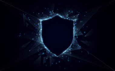 Güvenlik kalkanı konsepti. Kalkan ve boş alan. Çizgiler, üçgenler, düşük polimerler ve kablolar. Görüntü vektörü