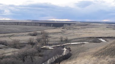 Gri bahar dikey, yatay, kuru otlar, dağlar