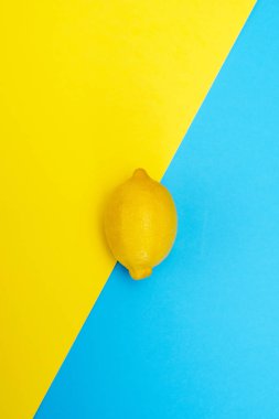 Sarı-mavi arka plan üzerinde bir sarı limon. Üstten görünüm.