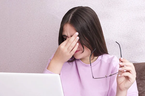 Woman Working Computer Long Time Tired Eyes She Holds Hands — Stock Photo, Image