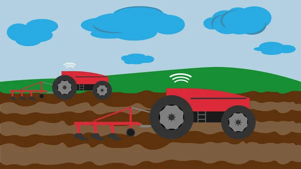 Автономный трактор вспахивал поле без контроля человека — стоковый вектор