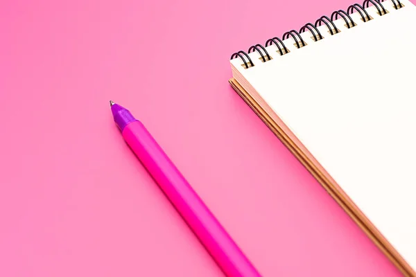 Caderno em branco com espiral para a aplicação de etiquetas e caneta sobre fundo rosa — Fotografia de Stock