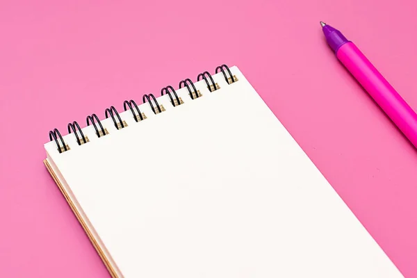 Caderno em branco com espiral para a aplicação de etiquetas e caneta sobre fundo rosa — Fotografia de Stock