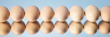 Kahverengi yumurta bir mavi arka planı yansıtmadaki üzerinde uzun üst üste konmuş