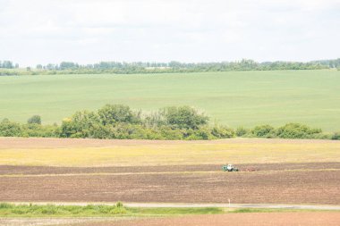 Güneşli bir günde traktör tarlayı sürer. Toprağı ekime hazırlıyorum. Tarım endüstrisi.