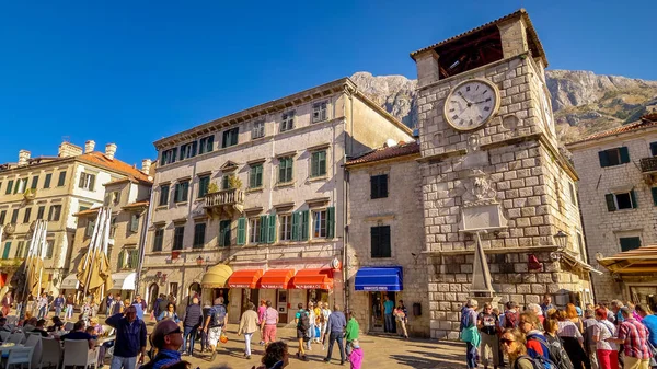 Middeleeuwse klokkentoren in het stadsplein, Kotor, Montenegro Stockafbeelding