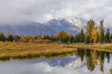 Tetons doğal bir sonbahar yansıma manzara