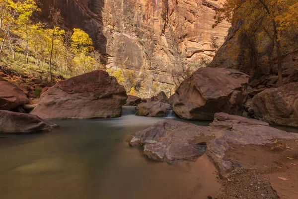 Rzeki Dziewica Przepływa Przez Park Narodowy Zion Utah Jesienią — Zdjęcie stockowe