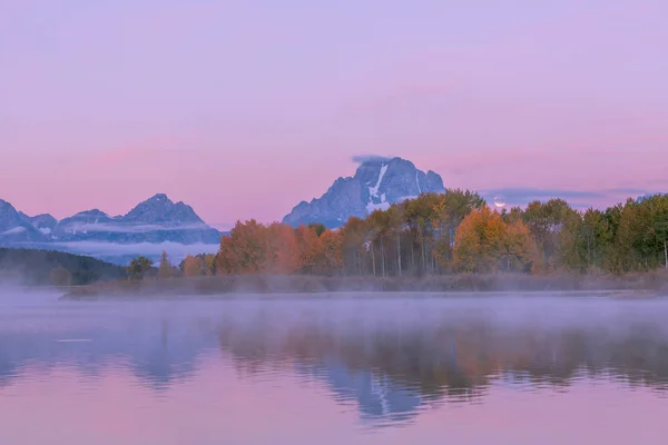 Pôr Lua Cheia Nascer Sol Nos Tetons Outono — Fotografia de Stock