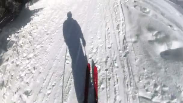 Homem Esquiador Montanha Com Esqui Vermelho Dia Ensolarado Sombra — Vídeo de Stock