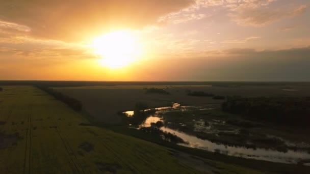 Aérien Paysage Avec Champs Beau Ciel Couleur Coucher Soleil — Video