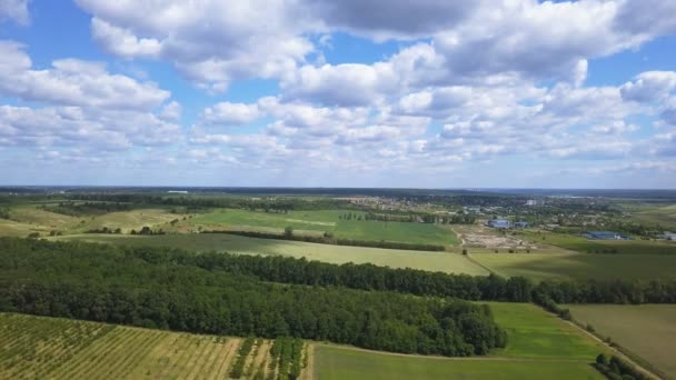 Aérea Vuela Sobre Campos Verdes Primavera Cielo Nubes Paisaje Suburbano — Vídeos de Stock