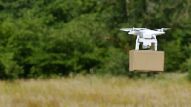 Aerial Drone Delivers Cargo Box Field Fly Away Slow Motion — Stock Video