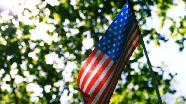 木漏れ日と日光とスローモーションでアメリカの国旗 — ストック動画