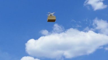   Hava. Mavi gökyüzü, ağır çekim kargo kutusunda aşağı beyaz dron taşıma