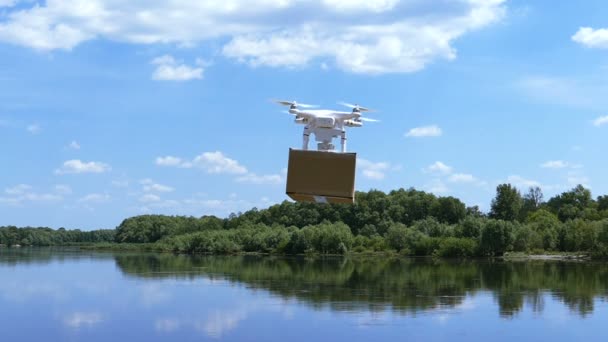 Aérien Drone Blanc Avec Boîte Cargaison Tourner Sur Rivière Mouvement — Video