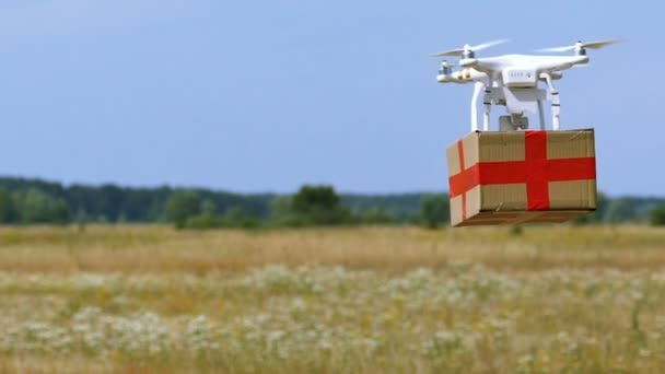 Antény Bílá Drone Boxu Červeným Křížem Odletět Zpomalený Pohyb — Stock video