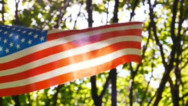 Αμερικανική Σημαία Αργή Κίνηση Κοντινό Ηλιόλουστο Σκηνικό Θολή Φόντο Ξύλου — Αρχείο Βίντεο
