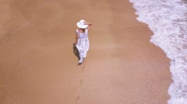 4k hava. İnce kadın ve okyanus ya da deniz plaj. Etrafında sinek