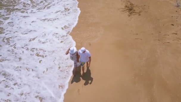 Aérea Amor Pareja Camina Océano Costa Del Mar — Vídeos de Stock